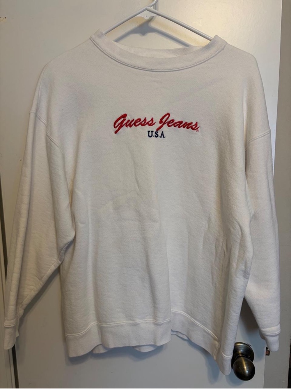Guess White Crewneck Sweatshirt with Red Accent Logo